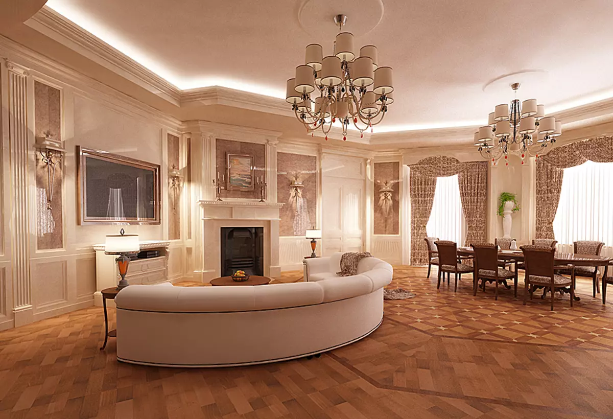 Ruang Living klasik (88 Foto): Desain interior ing gaya kontemporer lan kelas Amerika, kamar urip sing apik ing warna sing cerah, milih lukisan ing ruangan 9681_38
