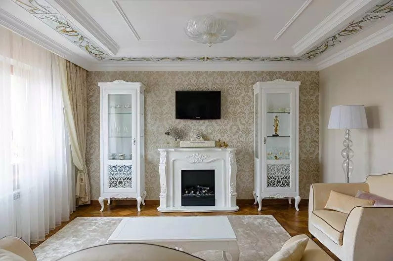 Ruang Living klasik (88 Foto): Desain interior ing gaya kontemporer lan kelas Amerika, kamar urip sing apik ing warna sing cerah, milih lukisan ing ruangan 9681_45