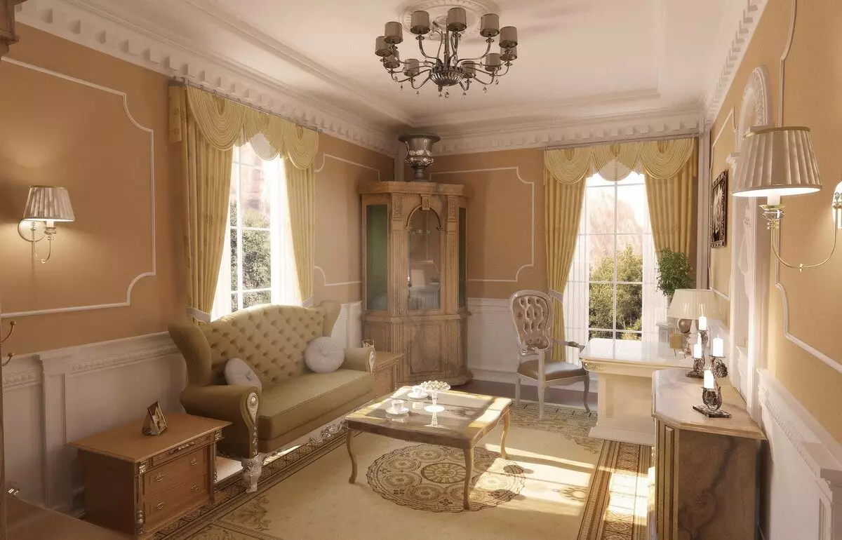 Klassieke woonkamer (88 foto's): Binneontwerp in style Kontemporêre en Amerikaanse klassieke, pragtige woonkamers in helder kleure, die keuse van skilderye in die kamer 9681_46
