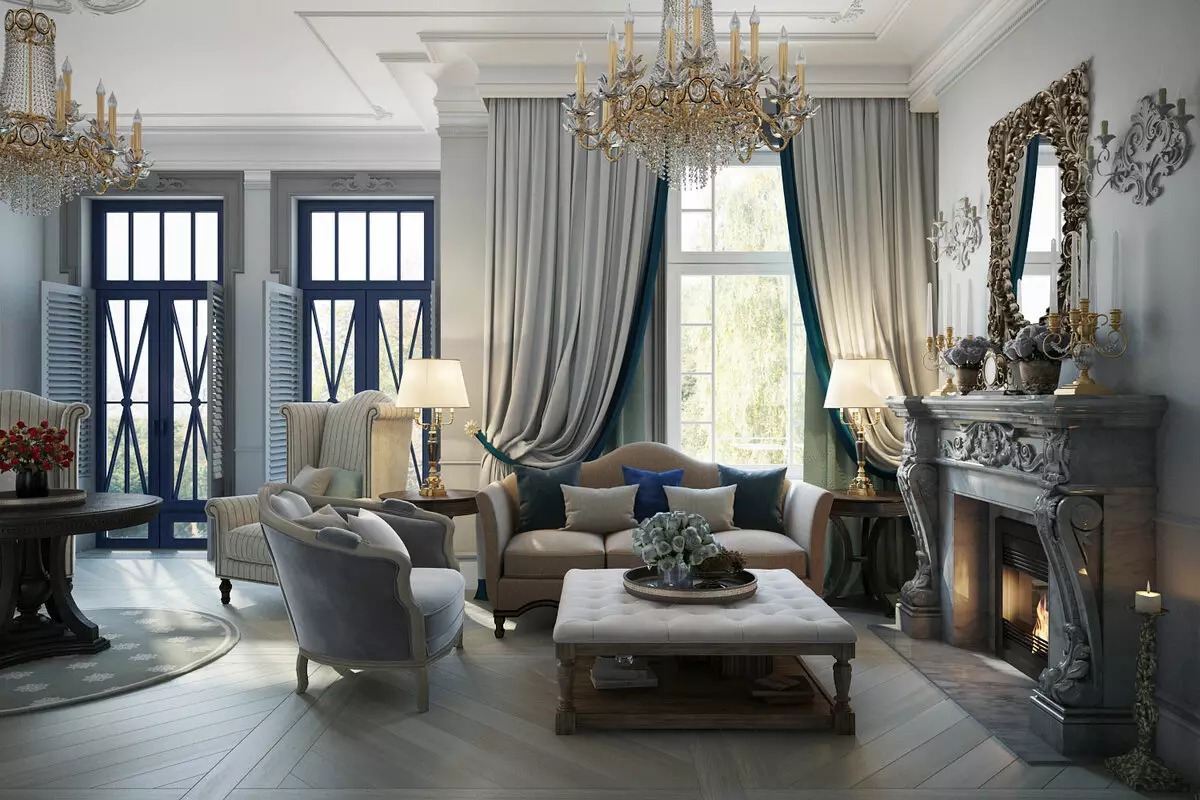 Ruang Living klasik (88 Foto): Desain interior ing gaya kontemporer lan kelas Amerika, kamar urip sing apik ing warna sing cerah, milih lukisan ing ruangan 9681_54