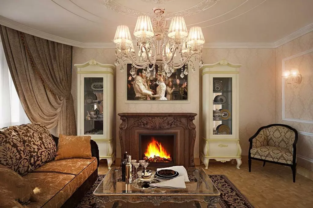 Klassieke woonkamer (88 foto's): Binneontwerp in style Kontemporêre en Amerikaanse klassieke, pragtige woonkamers in helder kleure, die keuse van skilderye in die kamer 9681_6