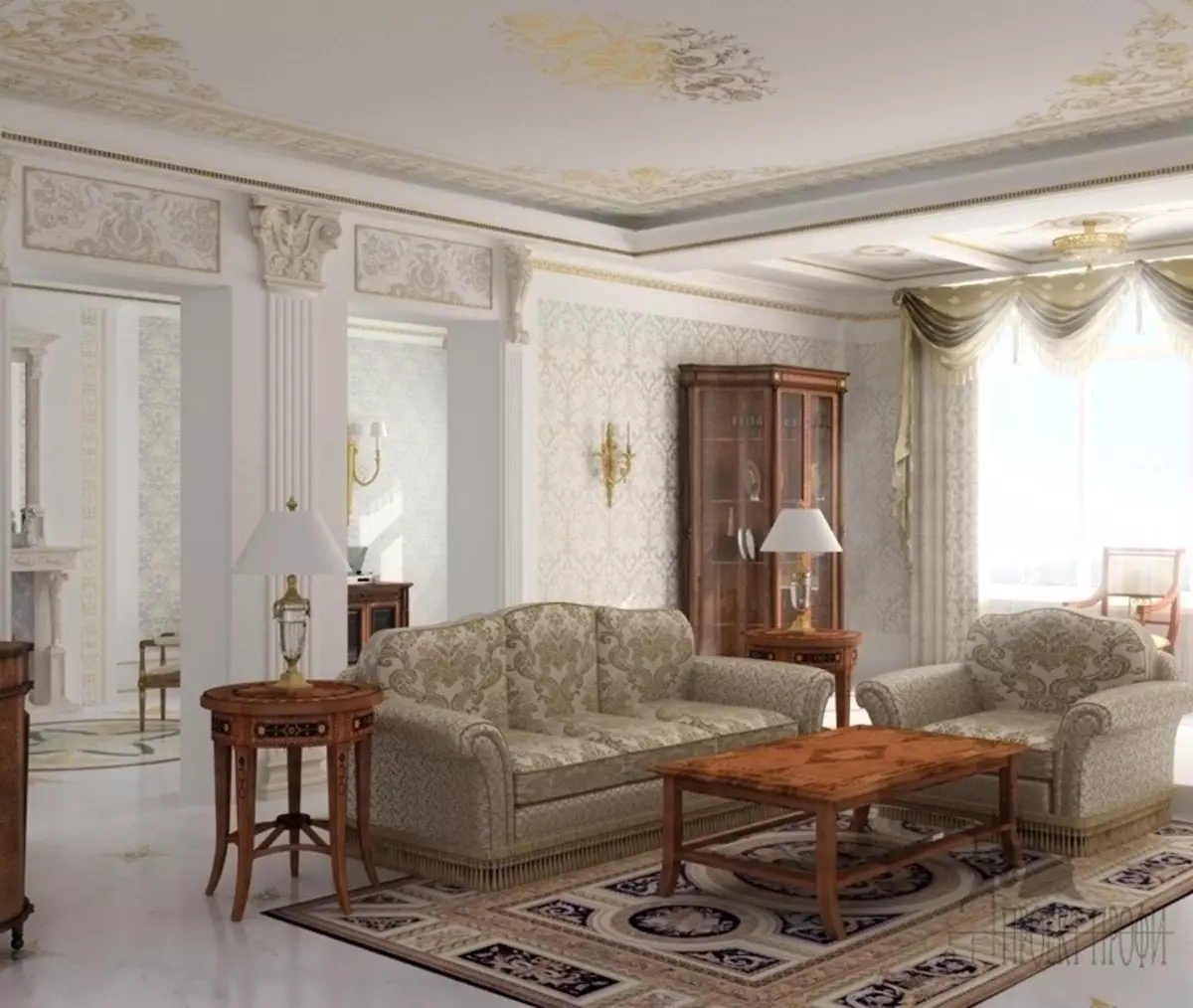 Klassieke woonkamer (88 foto's): Binneontwerp in style Kontemporêre en Amerikaanse klassieke, pragtige woonkamers in helder kleure, die keuse van skilderye in die kamer 9681_67