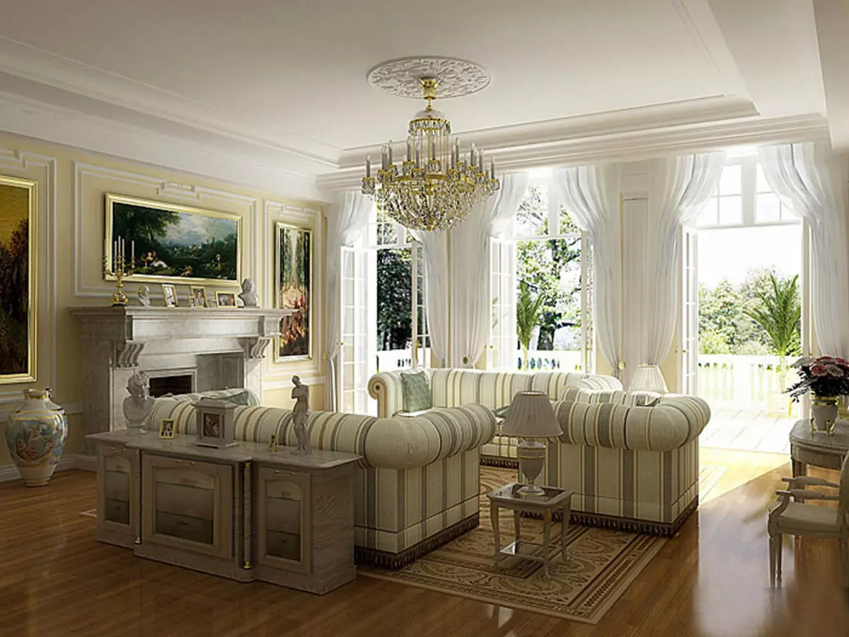 Klassieke woonkamer (88 foto's): Binneontwerp in style Kontemporêre en Amerikaanse klassieke, pragtige woonkamers in helder kleure, die keuse van skilderye in die kamer 9681_8