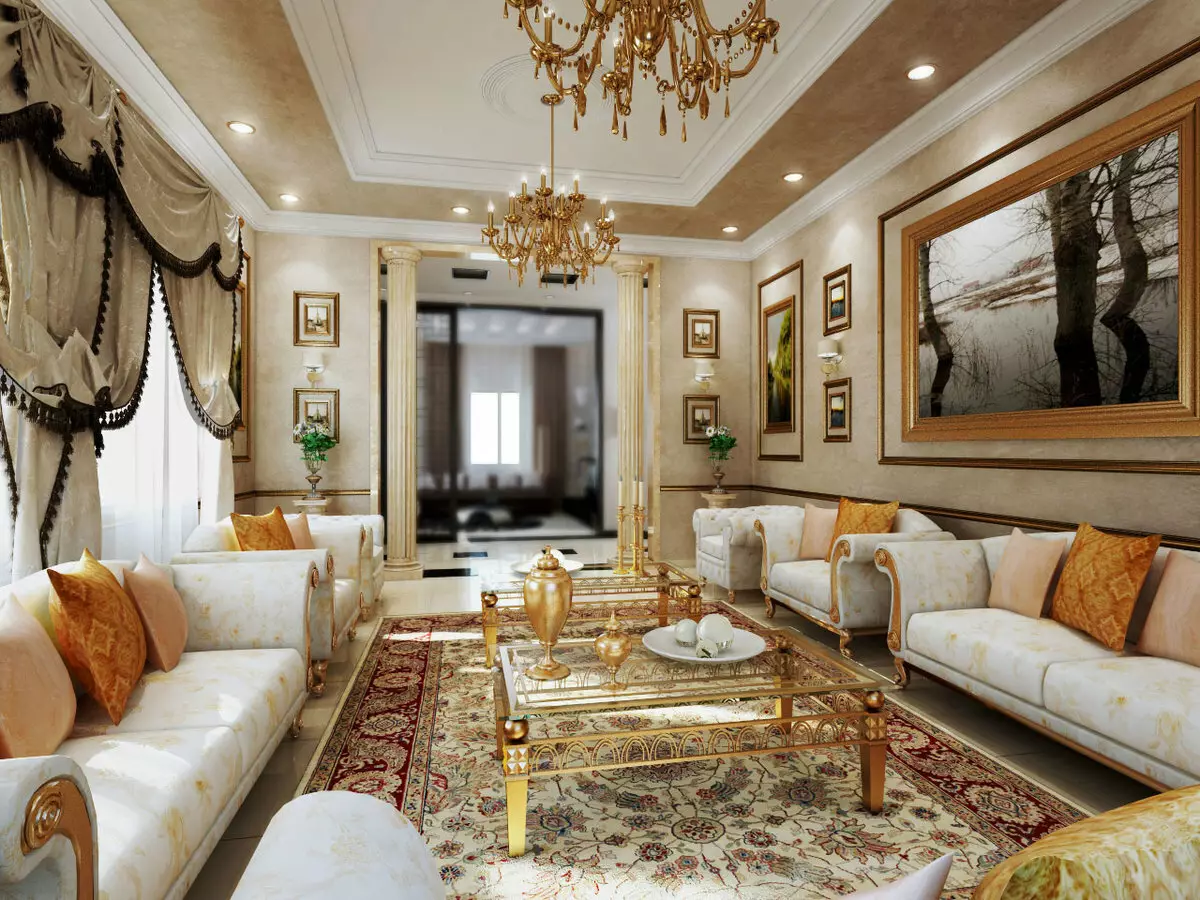 Sala de estar clásica (88 fotos): deseño de interiores en estilos clásicos contemporáneos e americanos, fermosas salas de estar en cores brillantes, elixindo pinturas na sala 9681_9