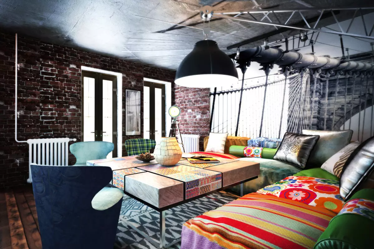 Room Living Loft (117 foto): Salla e dizajnit të brendshëm me fireplace, shembuj të një dhome të vogël të jetesës me elemente papafingo 9684_23