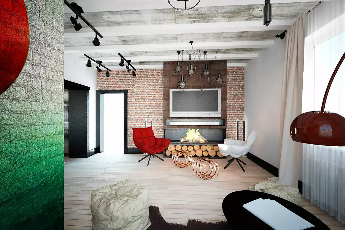 Loft obývacia izba (117 fotografií): Interiérový dizajn s krbom, príklady malej obývačky s podkrovnými prvkami 9684_3