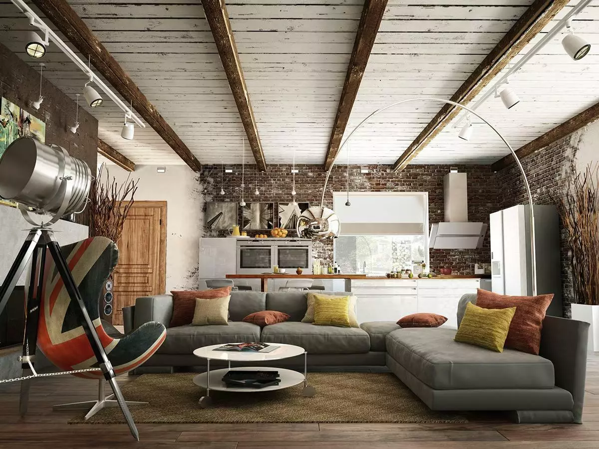 Loft obývacia izba (117 fotografií): Interiérový dizajn s krbom, príklady malej obývačky s podkrovnými prvkami 9684_49