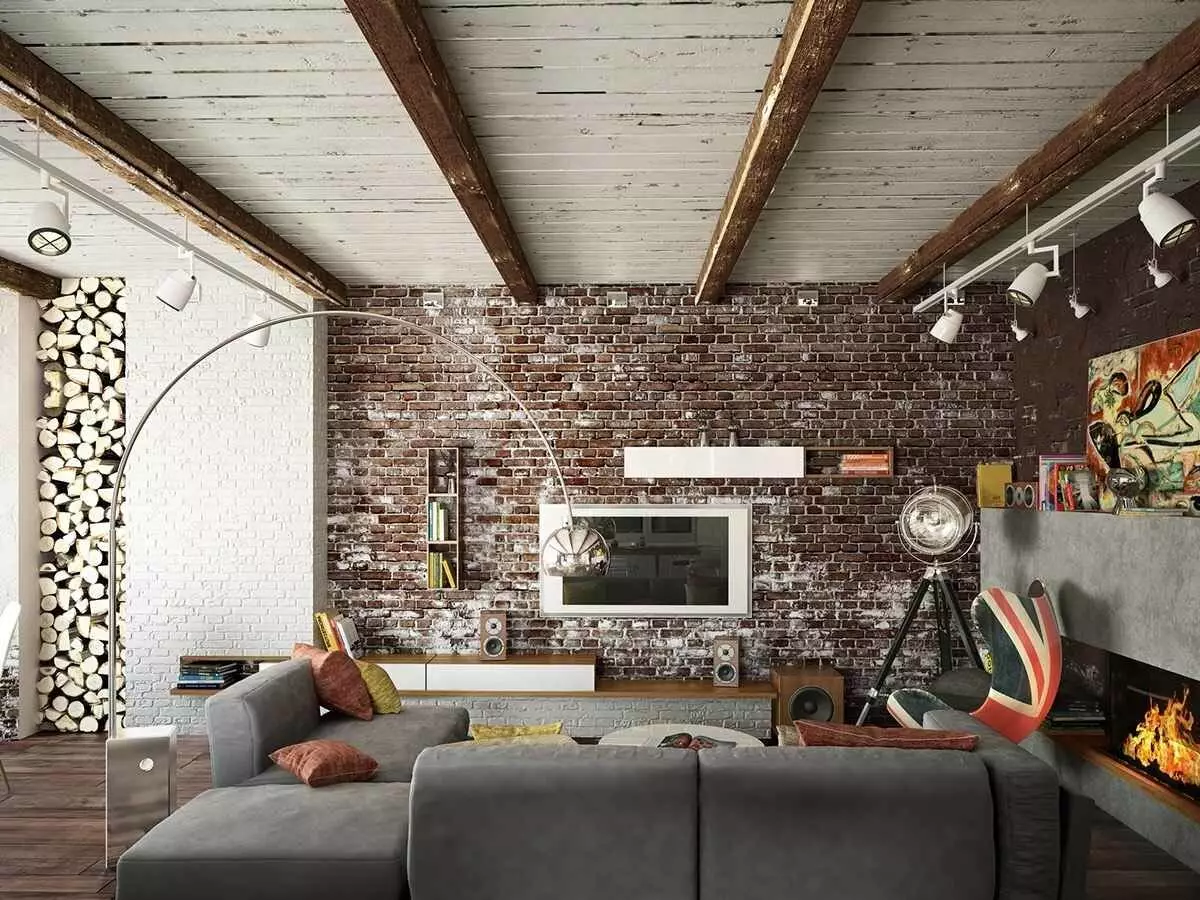 Loft obývacia izba (117 fotografií): Interiérový dizajn s krbom, príklady malej obývačky s podkrovnými prvkami 9684_5
