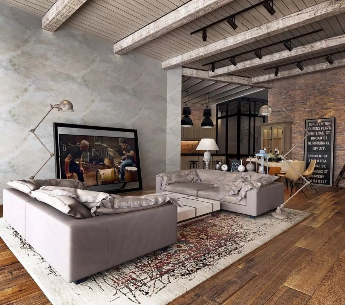 Room Living Loft (117 foto): Salla e dizajnit të brendshëm me fireplace, shembuj të një dhome të vogël të jetesës me elemente papafingo 9684_69