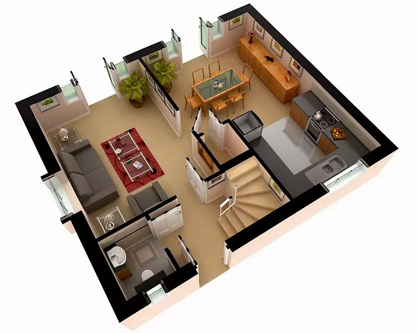 Hala design v soukromém domě (96 fotek): Interiérový design obývacího pokoje. Pokojová dekorace se schodištěm ve druhém patře a hale se dvěma okny, další možnosti pro pokoje v chatě 9687_5