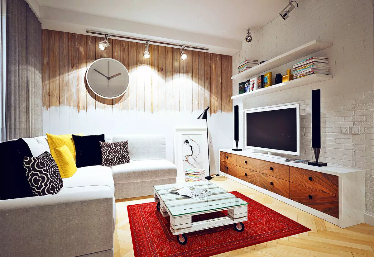 작은 거실의 인테리어 (119 개 사진) 아파트의 작은 홀 현대 아이디어. 어떻게 미니 룸을 갖추기 위해? 9695_50