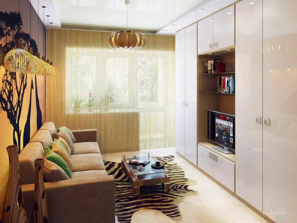 작은 거실의 인테리어 (119 개 사진) 아파트의 작은 홀 현대 아이디어. 어떻게 미니 룸을 갖추기 위해? 9695_7