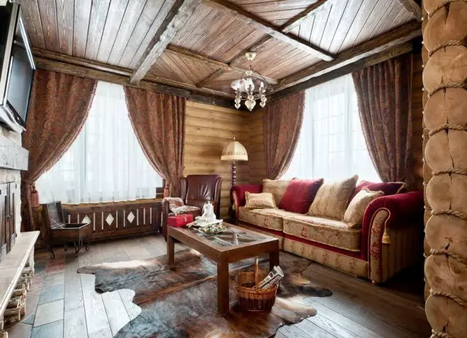Sala de estar en una casa de madera (69 fotos): Opciones de diseño de interiores para la sala de estar del país. ¿Cómo organizar una sala en el país justo y con buen gusto? 9700_30