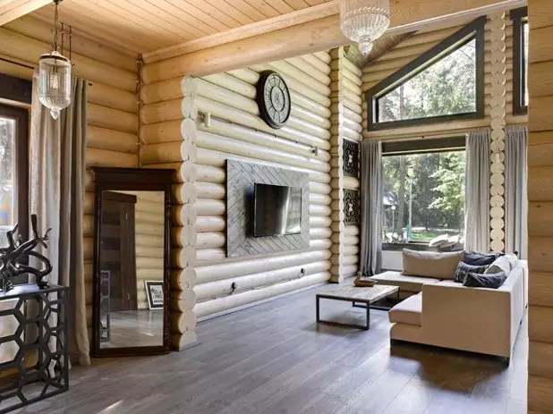Sala de estar en una casa de madera (69 fotos): Opciones de diseño de interiores para la sala de estar del país. ¿Cómo organizar una sala en el país justo y con buen gusto? 9700_40