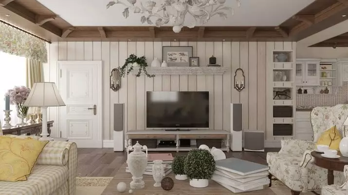Sala de estar en una casa de madera (69 fotos): Opciones de diseño de interiores para la sala de estar del país. ¿Cómo organizar una sala en el país justo y con buen gusto? 9700_53