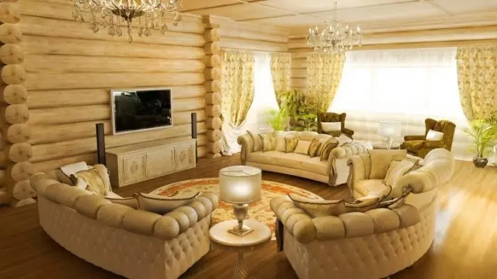 Ruang tamu di rumah kayu (69 foto): Pilihan reka bentuk dalaman untuk ruang tamu negara. Bagaimana untuk mengatur sebuah dewan di negara ini dan menarik? 9700_67