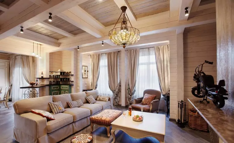 Sala de estar en una casa de madera (69 fotos): Opciones de diseño de interiores para la sala de estar del país. ¿Cómo organizar una sala en el país justo y con buen gusto? 9700_7