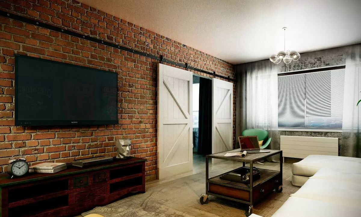 लिविंग रूम इंटीरियर में ईंट की दीवार (7 9 फोटो): सफ़ेद और भूरे रंग की ईंट, प्लस और इंटीरियर में सजावटी ईंट के विपक्ष के साथ डिजाइन हॉल के लिए विकल्प 9703_17