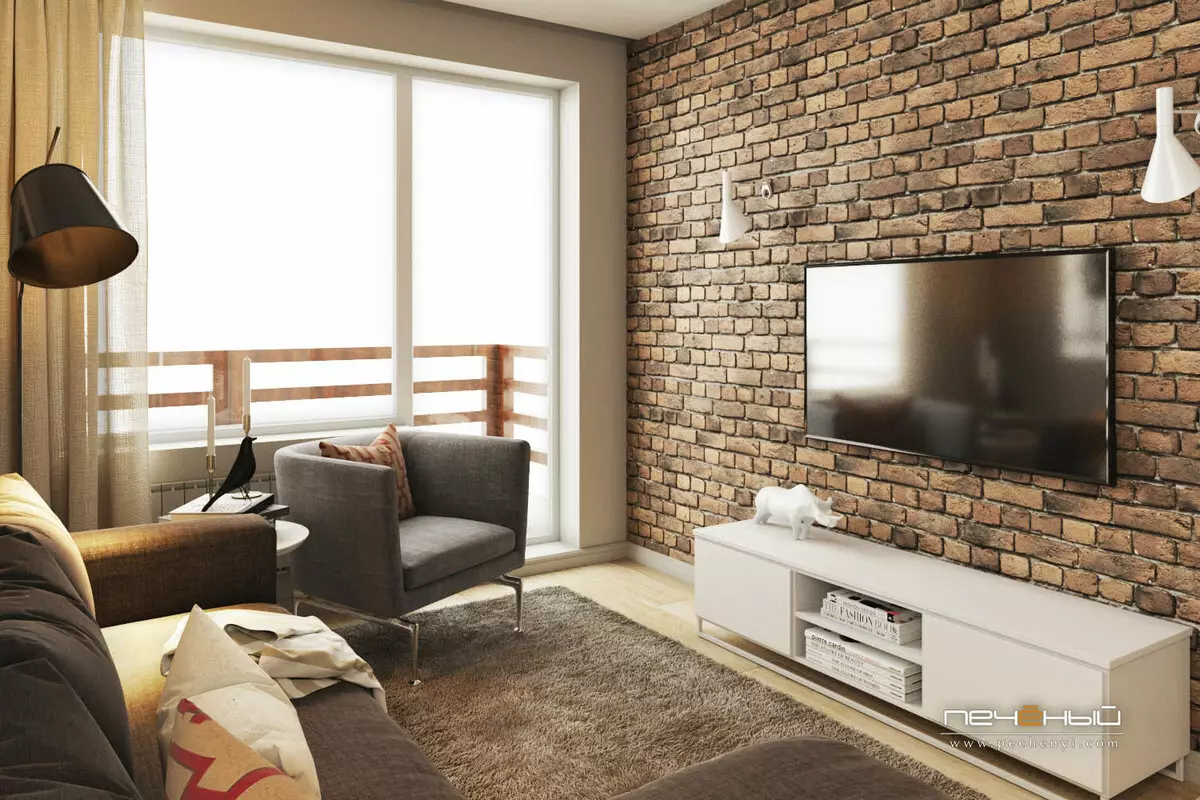 Brick wall sa living room interior (79 mga larawan): mga pagpipilian para sa disenyo ng hall na may pader ng puti at kulay-abo na brick, plus at kahinaan ng pandekorasyon brick sa loob 9703_24