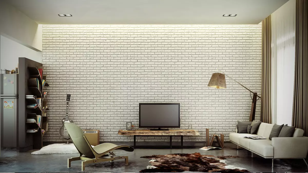 लिविंग रूम इंटीरियर में ईंट की दीवार (7 9 फोटो): सफ़ेद और भूरे रंग की ईंट, प्लस और इंटीरियर में सजावटी ईंट के विपक्ष के साथ डिजाइन हॉल के लिए विकल्प 9703_28