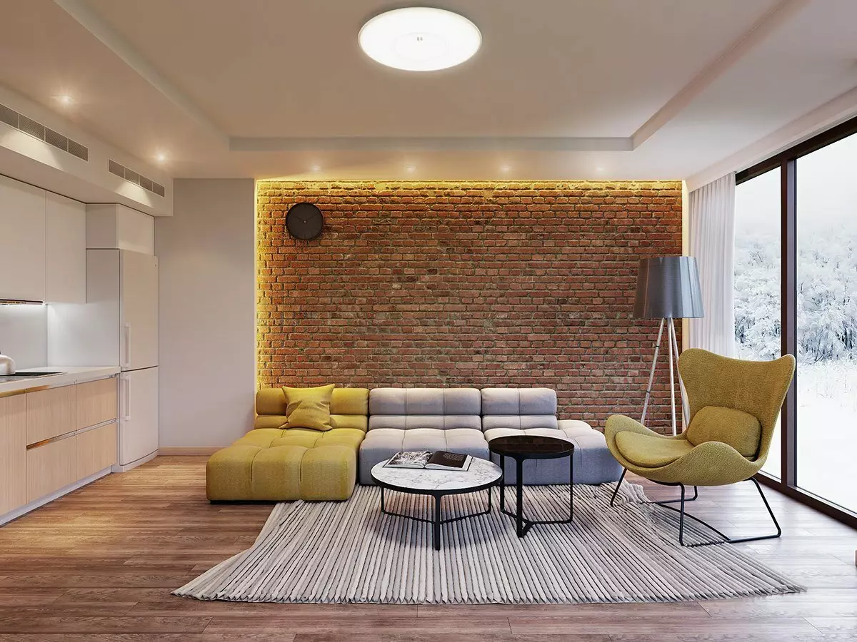 Brick wall sa living room interior (79 mga larawan): mga pagpipilian para sa disenyo ng hall na may pader ng puti at kulay-abo na brick, plus at kahinaan ng pandekorasyon brick sa loob 9703_32