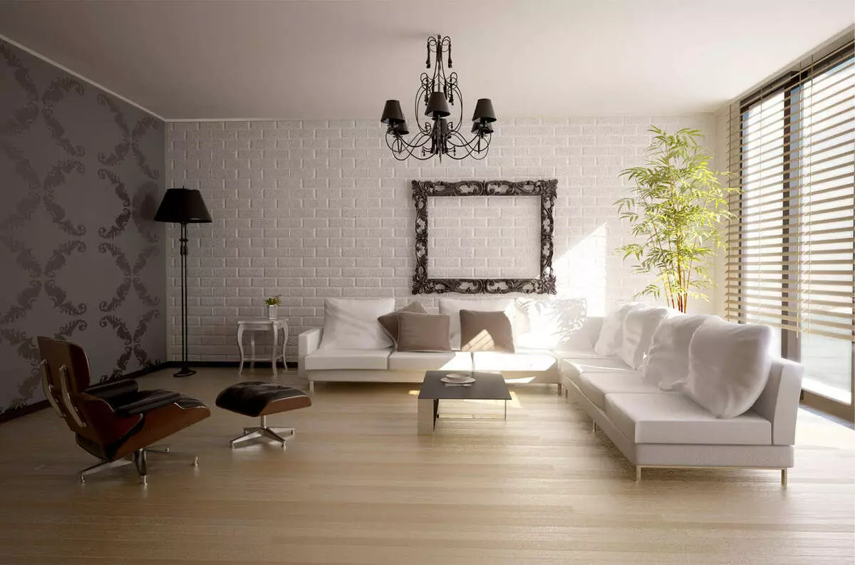磚牆在客廳內部（79張照片）：設計霍爾的選擇與白色和灰色磚牆的牆壁，加上裝飾磚的湖在內部 9703_42