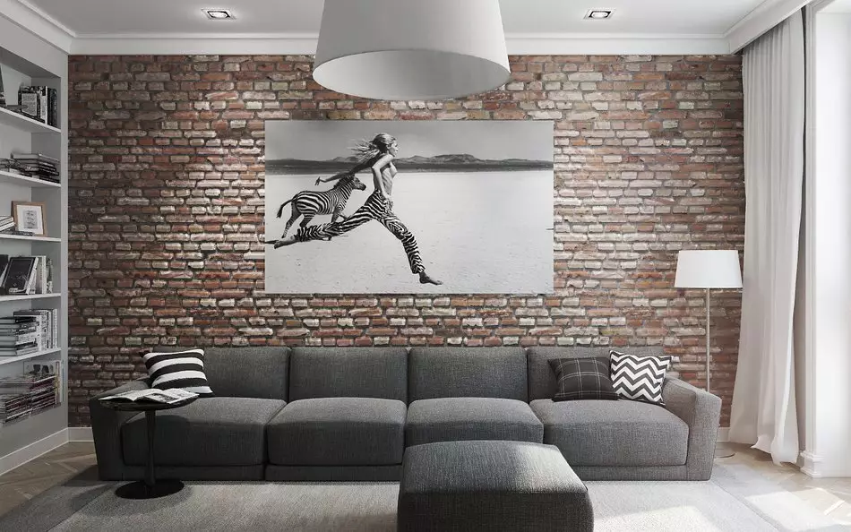 लिविंग रूम इंटीरियर में ईंट की दीवार (7 9 फोटो): सफ़ेद और भूरे रंग की ईंट, प्लस और इंटीरियर में सजावटी ईंट के विपक्ष के साथ डिजाइन हॉल के लिए विकल्प 9703_7