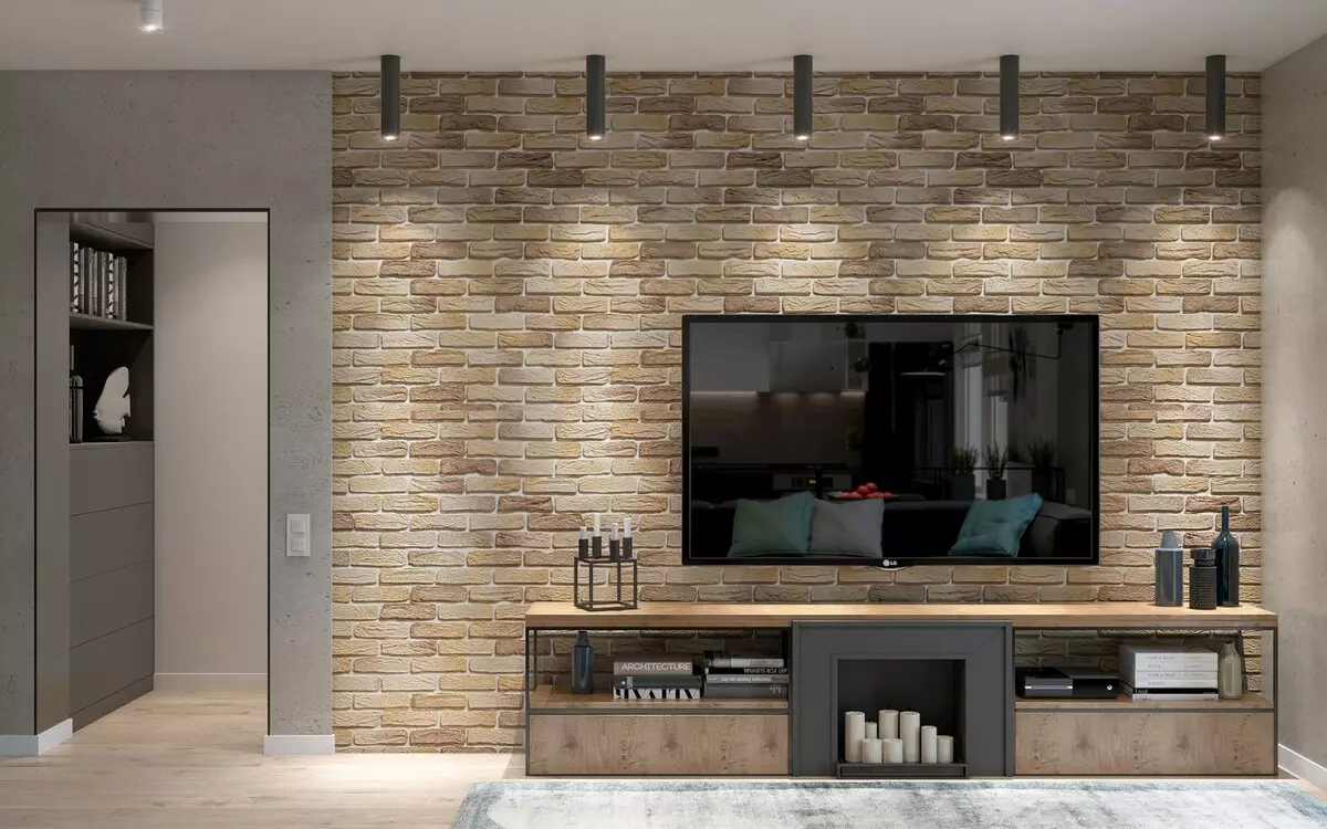 Brick wall sa living room interior (79 mga larawan): mga pagpipilian para sa disenyo ng hall na may pader ng puti at kulay-abo na brick, plus at kahinaan ng pandekorasyon brick sa loob 9703_73