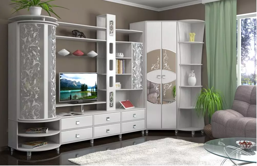 Modular angular furniture para sa living room: modules na may wardrobe at isang set sa isang modernong at iba pang estilo, pagpili ng isang headuit 9708_16