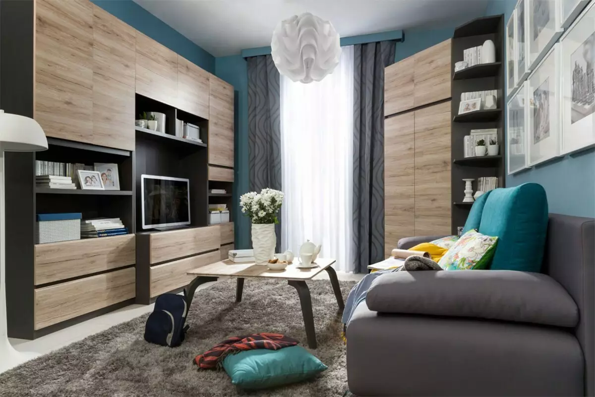 Mobiliário angular modular para a sala de estar: módulos com um guarda-roupa e um conjunto em estilo moderno e outro, escolhendo um headute 9708_17