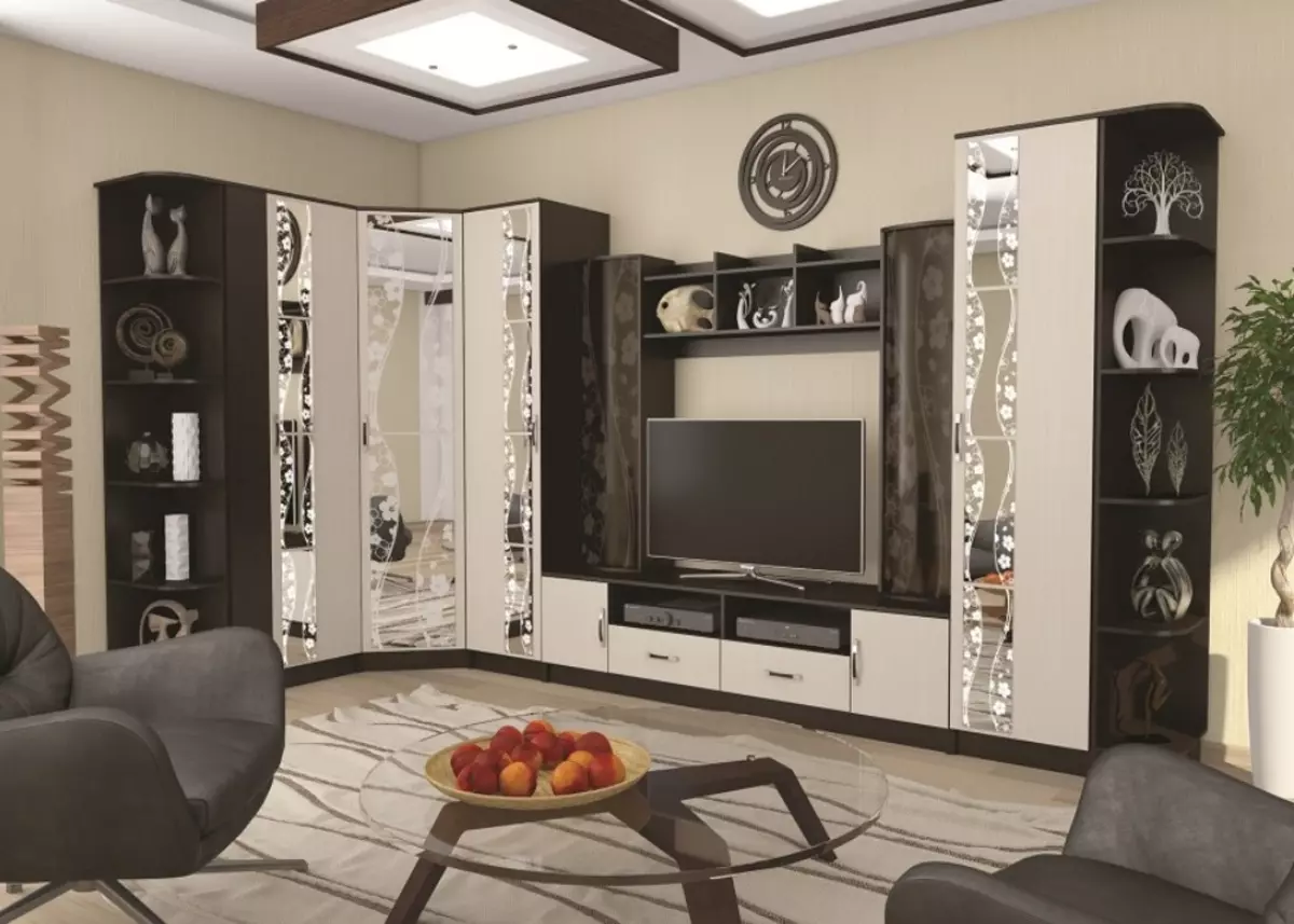 Modulární úhlový nábytek pro obývací pokoj: moduly se šatní skříní a set v moderním a jiném stylu, výběru iluit 9708_5