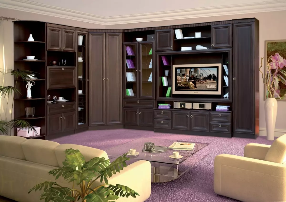Modular angular furniture para sa living room: modules na may wardrobe at isang set sa isang modernong at iba pang estilo, pagpili ng isang headuit 9708_6