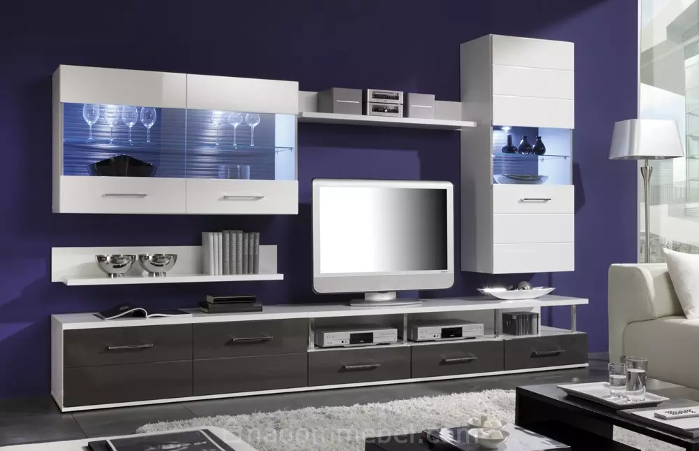 Baltās moduļu dzīvojamās istabas mēbeles: glancētu un matētu moduļu sistēmu dizains baltajos toņos 9717_11