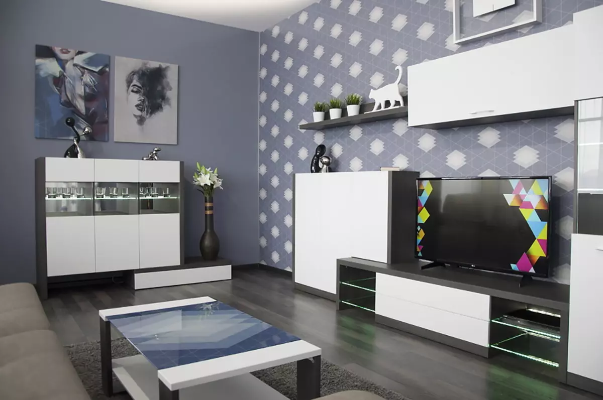 Baltās moduļu dzīvojamās istabas mēbeles: glancētu un matētu moduļu sistēmu dizains baltajos toņos 9717_12