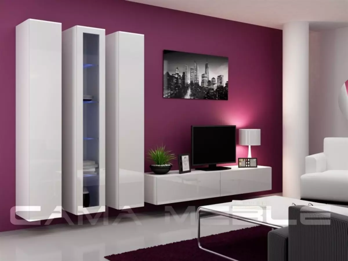 Baltās moduļu dzīvojamās istabas mēbeles: glancētu un matētu moduļu sistēmu dizains baltajos toņos 9717_15