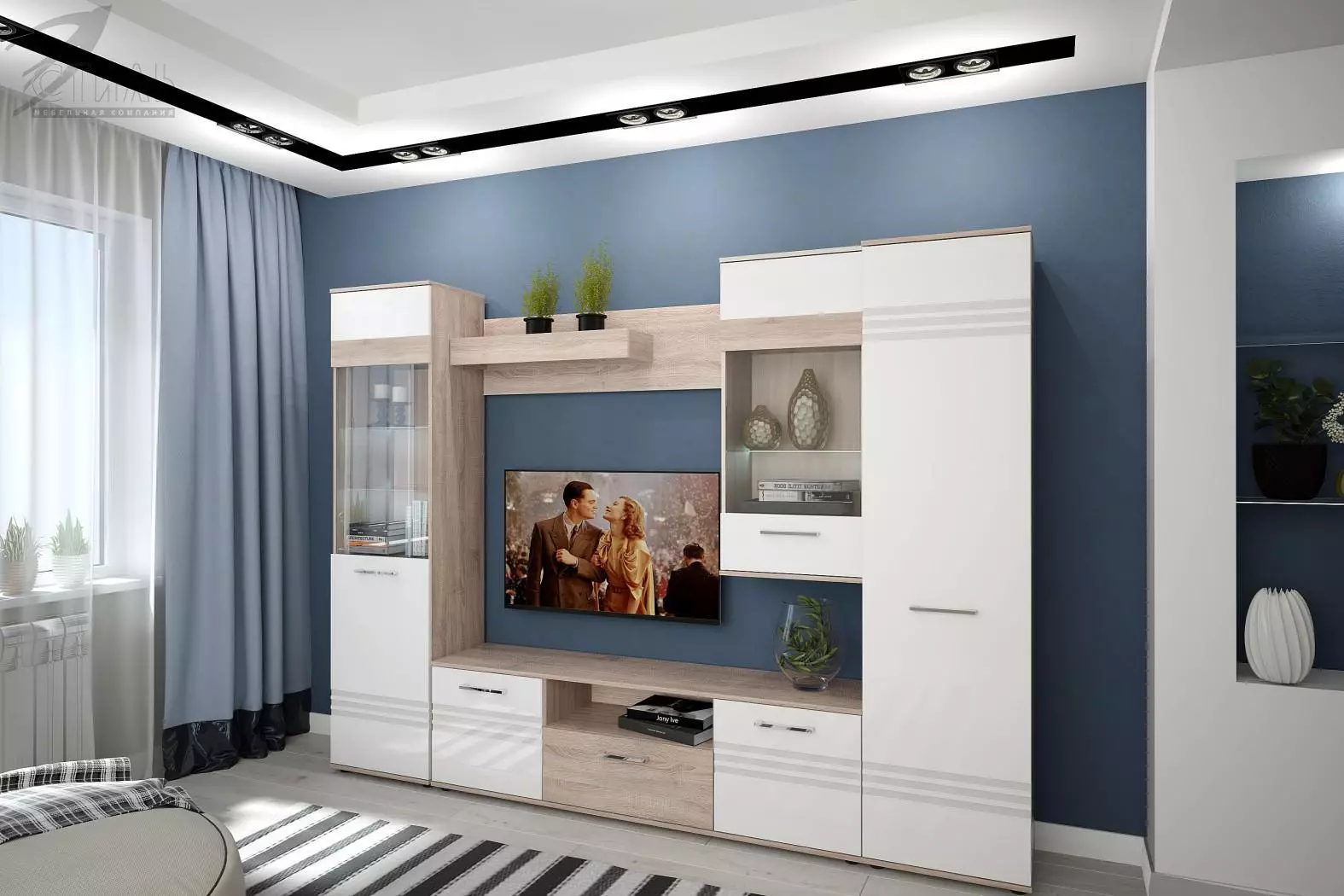 Baltās moduļu dzīvojamās istabas mēbeles: glancētu un matētu moduļu sistēmu dizains baltajos toņos 9717_16
