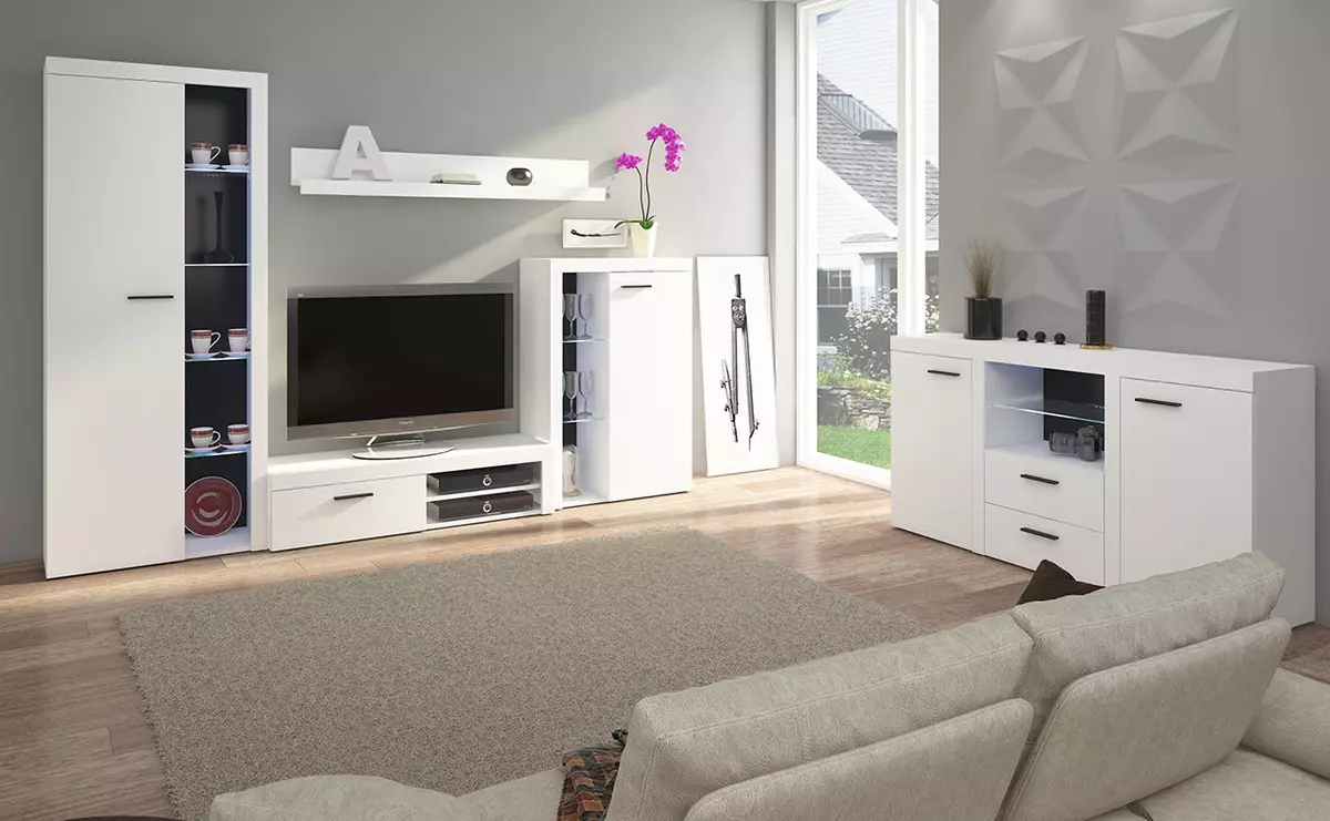 Fehér moduláris nappali bútor: Fényes és matt moduláris rendszerek tervezése fehér tónusokban 9717_21
