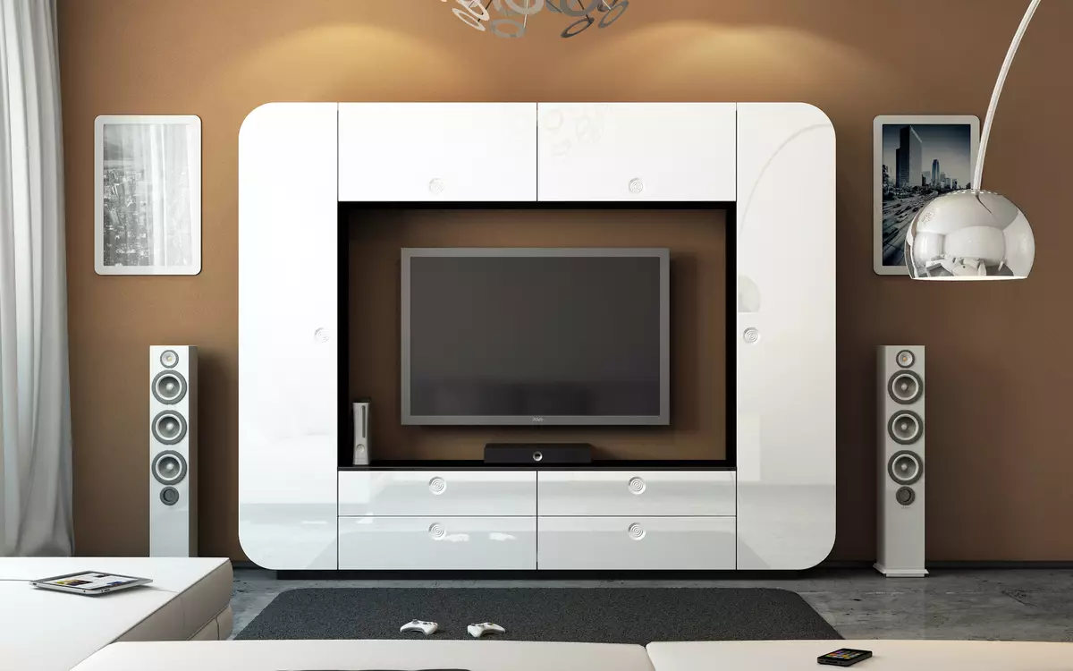 Baltās moduļu dzīvojamās istabas mēbeles: glancētu un matētu moduļu sistēmu dizains baltajos toņos 9717_23