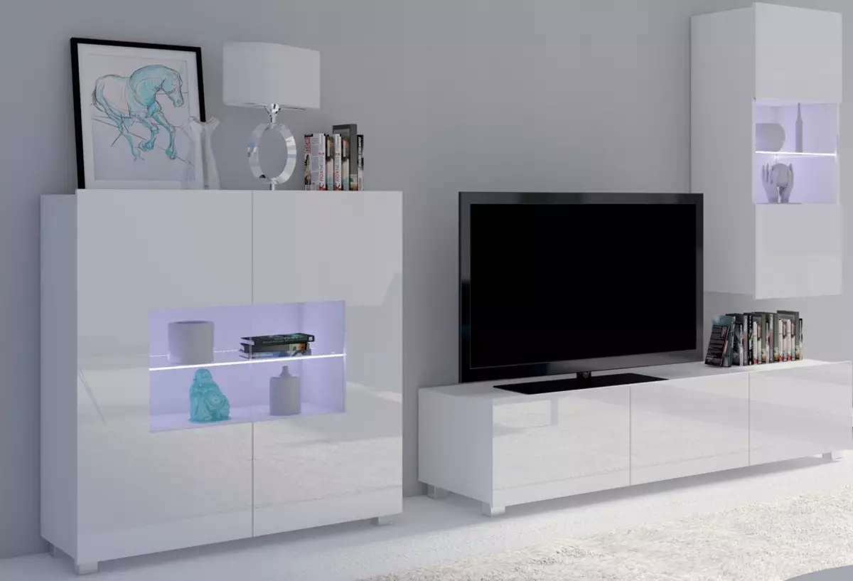 Witte modulaire woonkamermeubilair: ontwerp van glanzende en matte modulaire systemen in witte tonen 9717_24