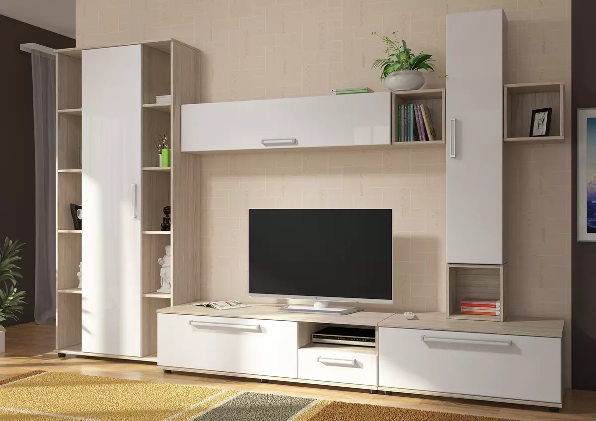 Baltās moduļu dzīvojamās istabas mēbeles: glancētu un matētu moduļu sistēmu dizains baltajos toņos 9717_28