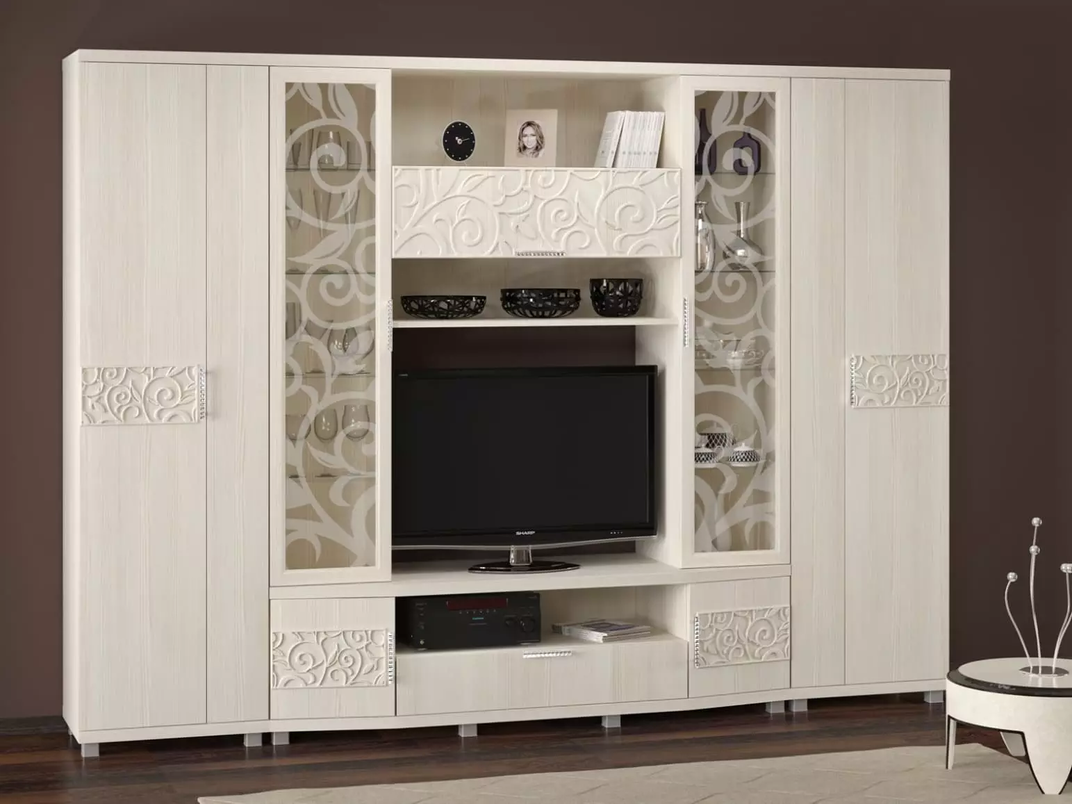 Baltās moduļu dzīvojamās istabas mēbeles: glancētu un matētu moduļu sistēmu dizains baltajos toņos 9717_31