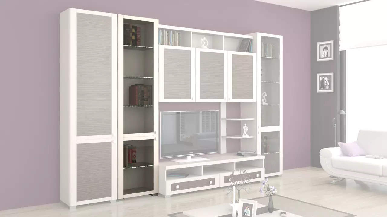 Witte modulaire woonkamermeubilair: ontwerp van glanzende en matte modulaire systemen in witte tonen 9717_33
