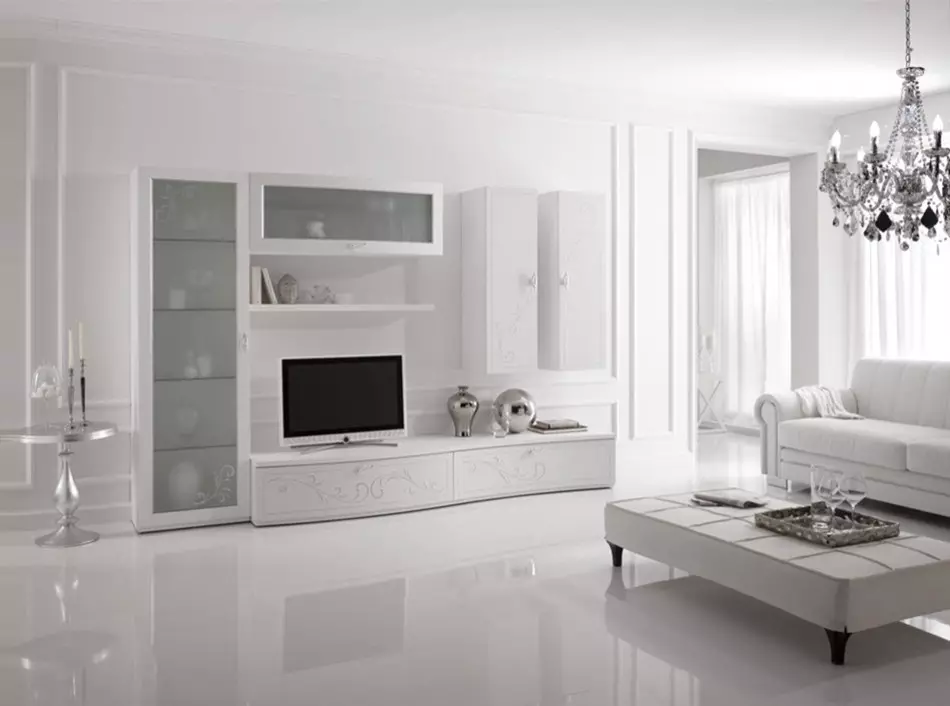 Witte modulaire woonkamermeubilair: ontwerp van glanzende en matte modulaire systemen in witte tonen 9717_34