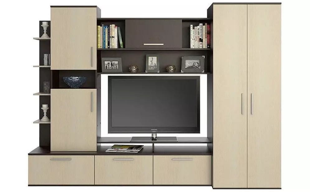 Baltās moduļu dzīvojamās istabas mēbeles: glancētu un matētu moduļu sistēmu dizains baltajos toņos 9717_35