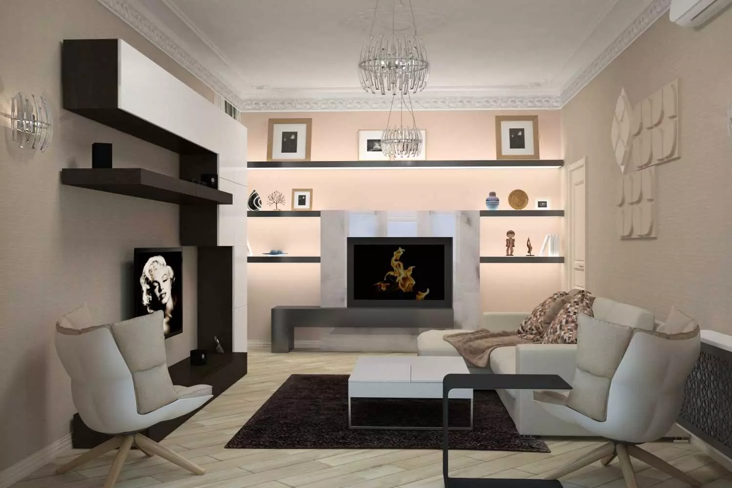 Huonekalut olohuoneeseen moderniin tyyliin (81 valokuvaa): Muodikas huonekalut minimalismille ja muille tyylikkäille malleille 9719_22