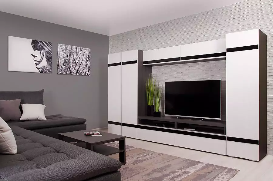 Moduláris bútorok egy kortárs stílusban a nappali (60 fotók): Válassza ki a nappaliban lévő modulokat a TV területén, polcokon és más moduláris rendszerekben 9725_12