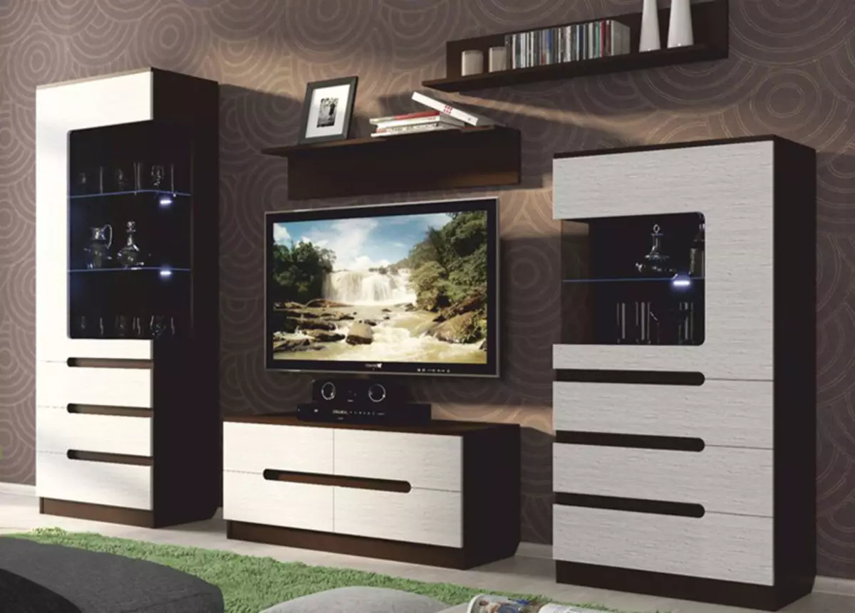 Modulaariset huonekalut nykyaikaiseen tyyliin olohuoneelle (60 valokuvaa): Valitse moduulit TV-alueella, hyllyt ja muut modulaariset järjestelmät 9725_13