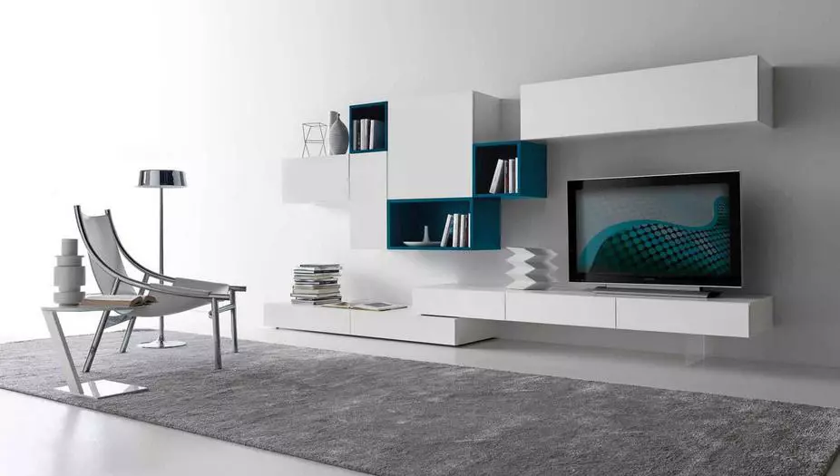 Moduláris bútorok egy kortárs stílusban a nappali (60 fotók): Válassza ki a nappaliban lévő modulokat a TV területén, polcokon és más moduláris rendszerekben 9725_14