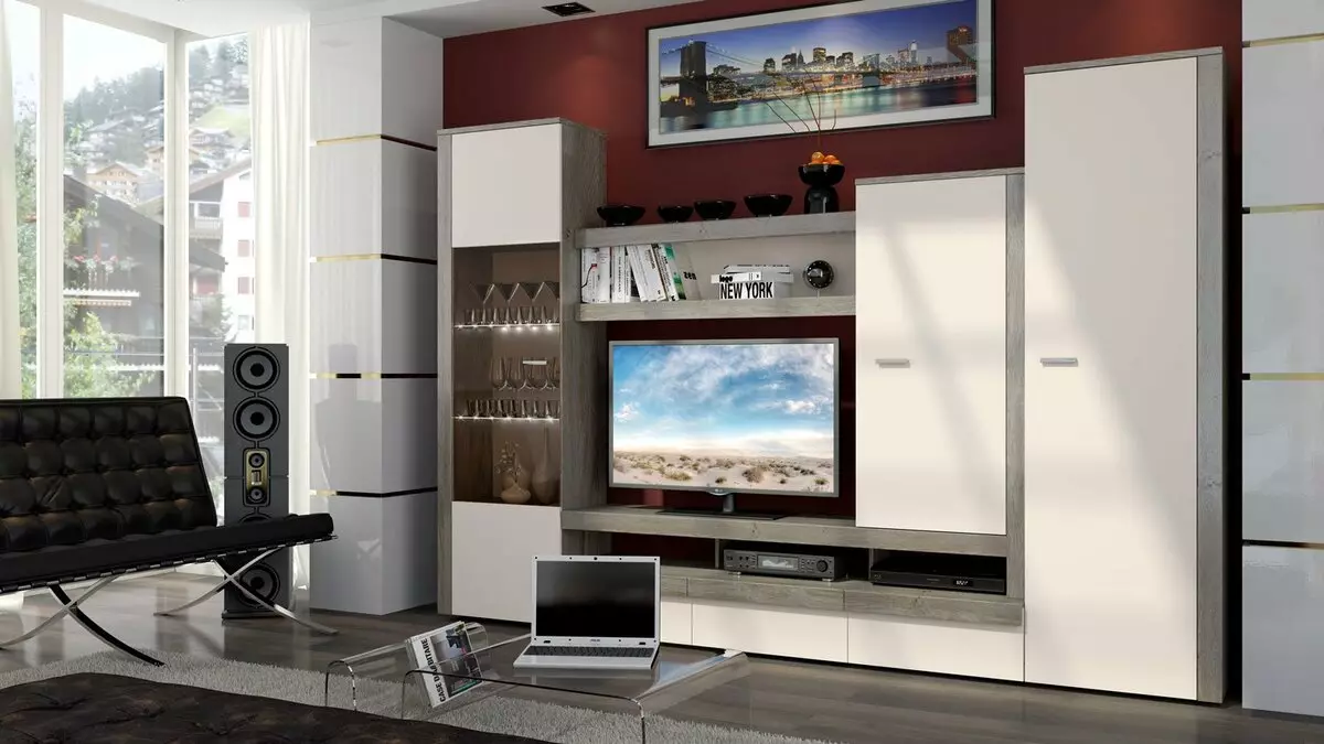 Mobilje modulare në një stil bashkëkohor për dhomën e ndenjes (60 foto): Zgjidhni Modulet për dhomën e ndenjes në zonën e TV, raftet dhe sistemet e tjera modulare 9725_15