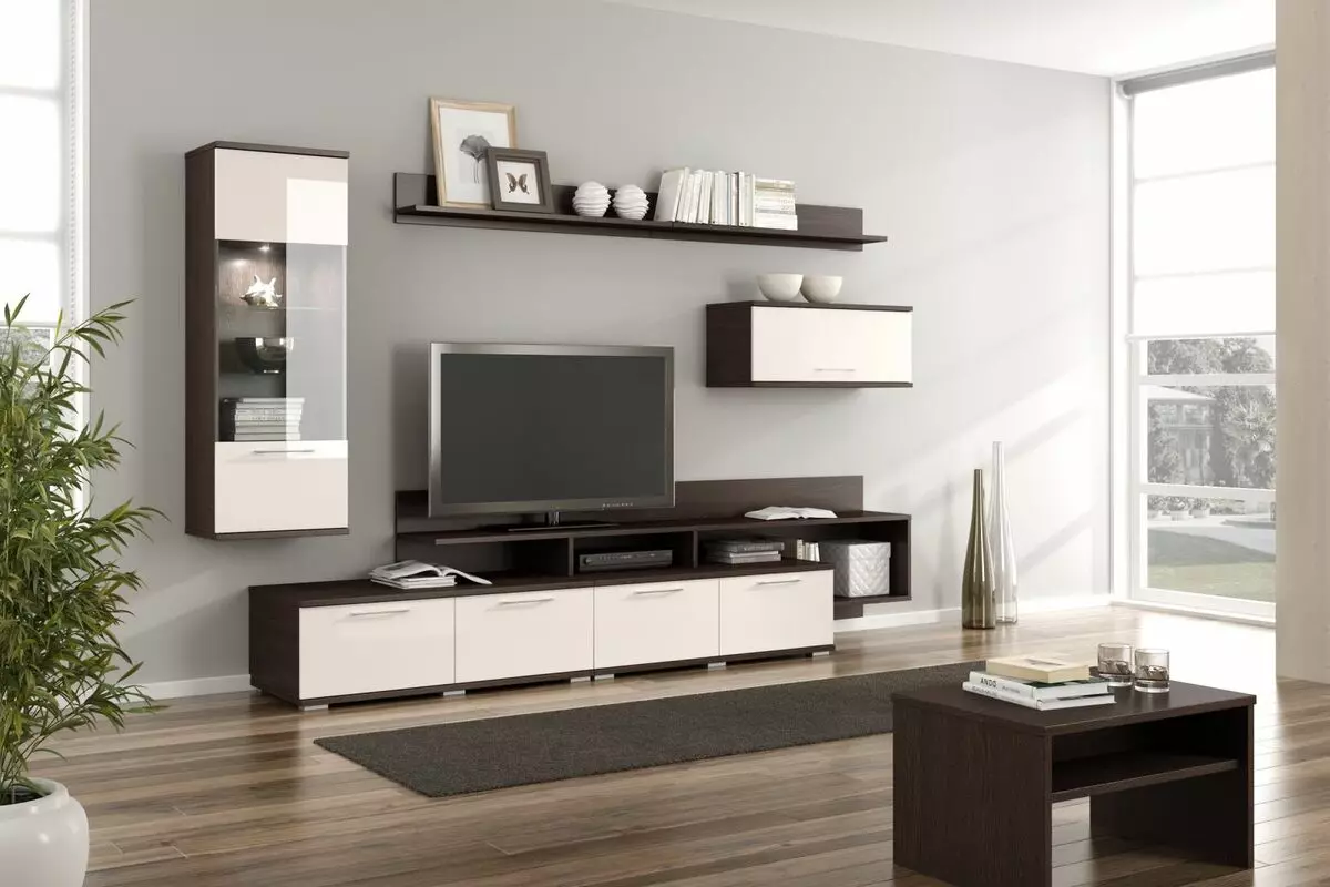 Modulārās mēbeles laikmetīgajā stilā dzīvojamā istabā (60 fotogrāfijas): izvēlieties moduļus dzīvojamā istabā televizora zonā, plauktos un citās modulārās sistēmās 9725_16